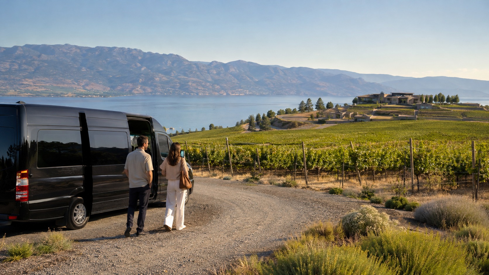 Guests arriving by unbranded tour van at a West Kelowna vineyard overlooking Okanagan Lake