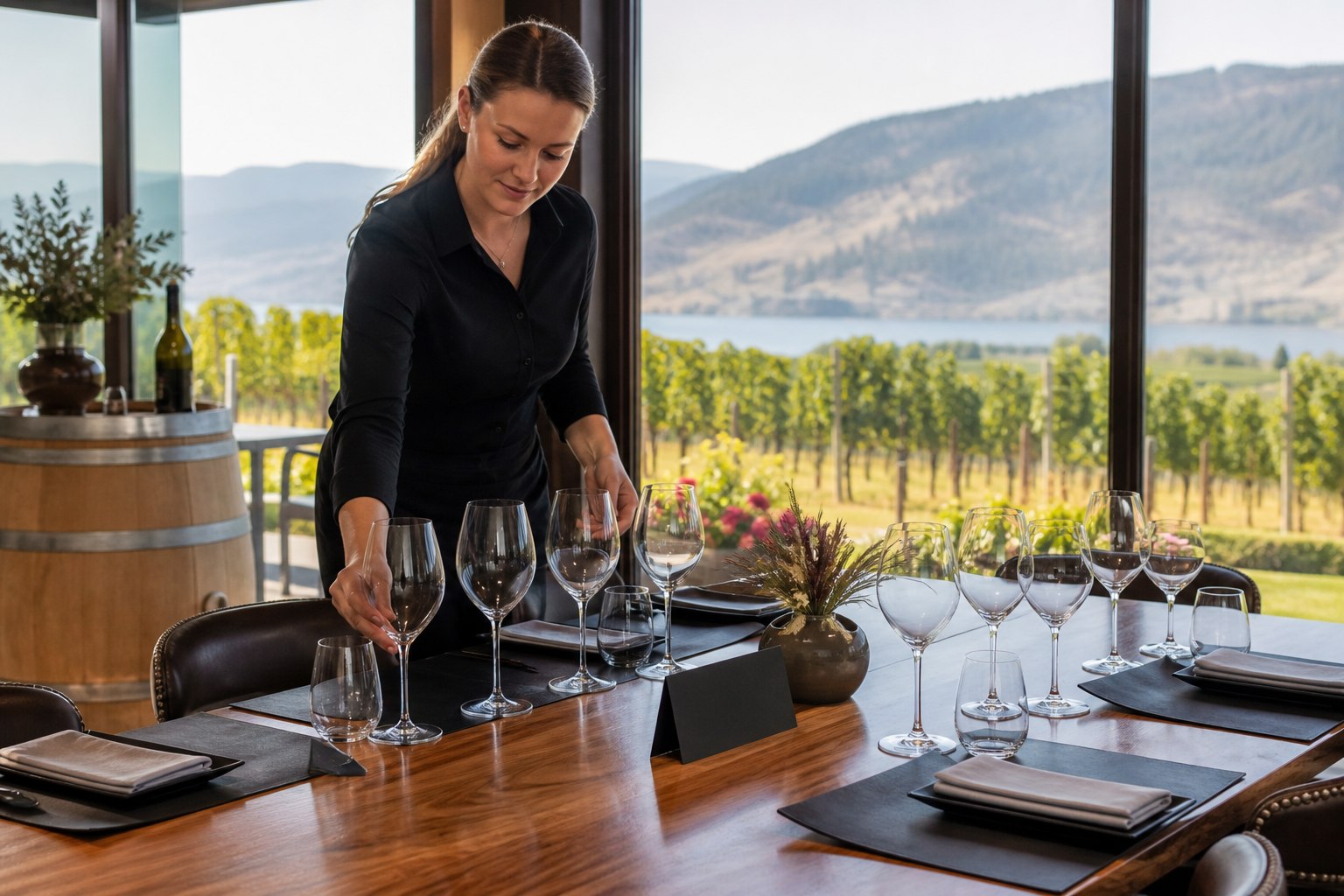 Reserved tasting table at a Kelowna winery overlooking Okanagan vineyards