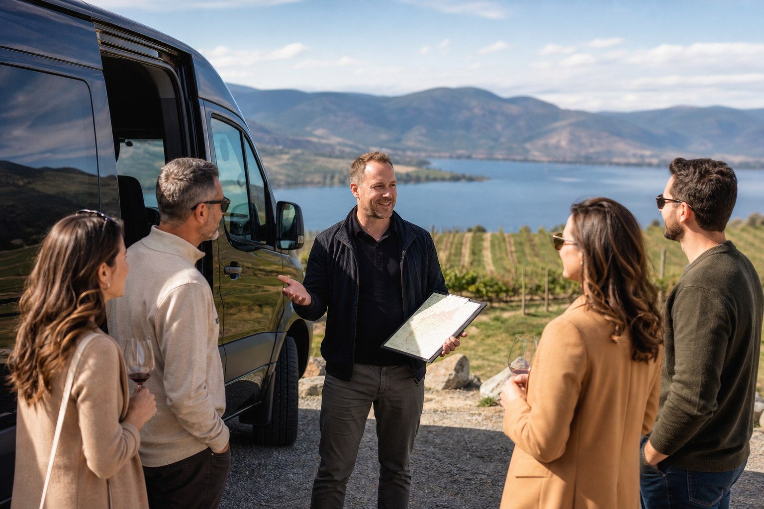 Kelowna wine tour guide speaking with guests beside a shuttle above Okanagan Lake