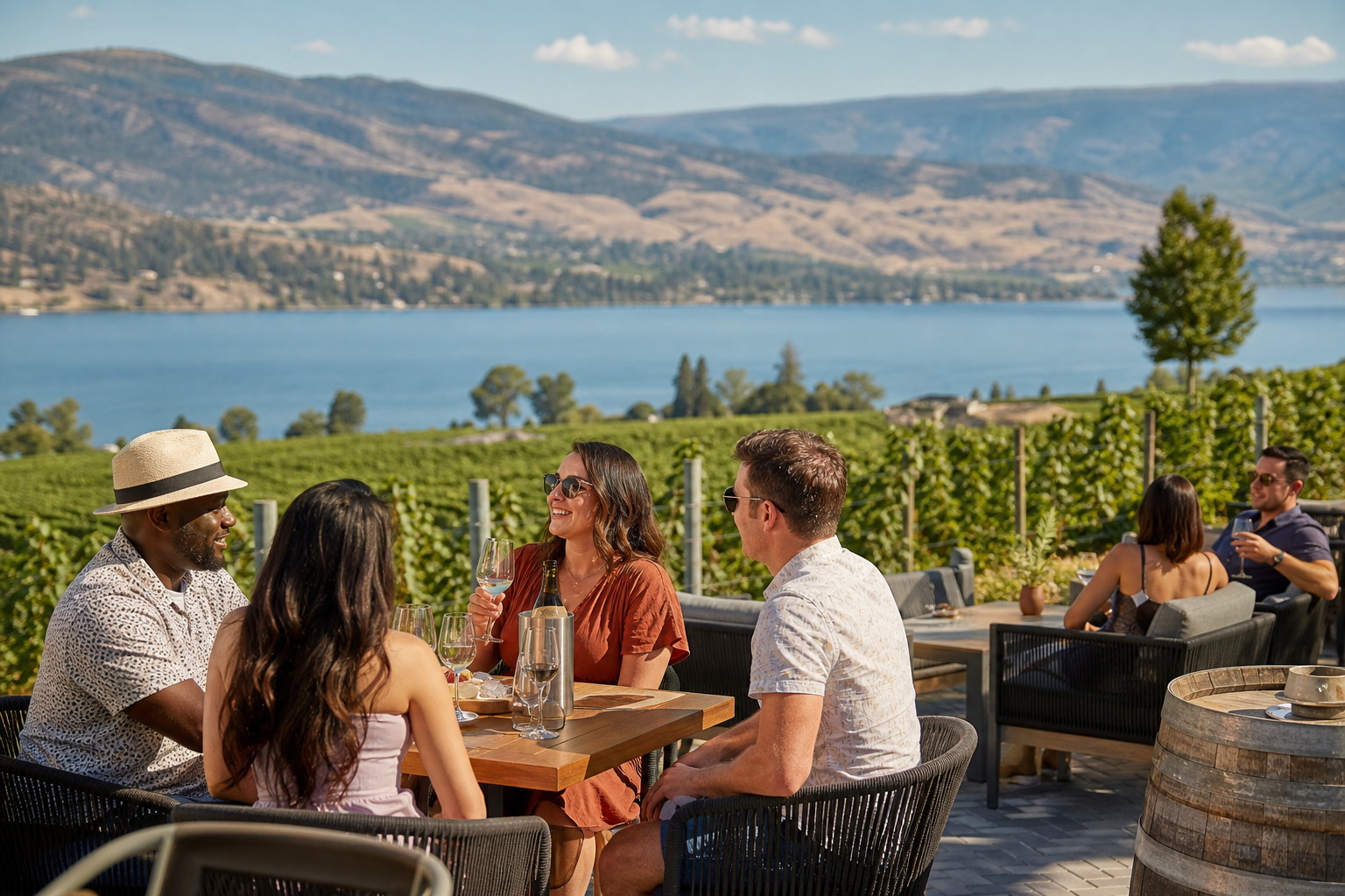 Adult visitors enjoying a sunlit winery patio above Okanagan Lake and vineyard rows