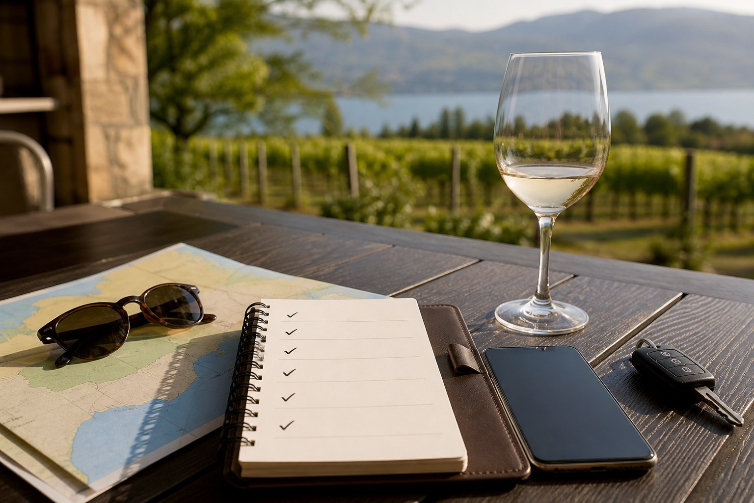 Wine tour booking checklist, phone, map, keys, and wine glass on a vineyard patio
