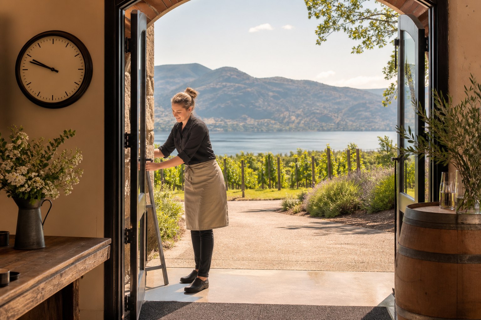 Okanagan winery host opening a tasting room beside an analog clock and sunlit vineyard