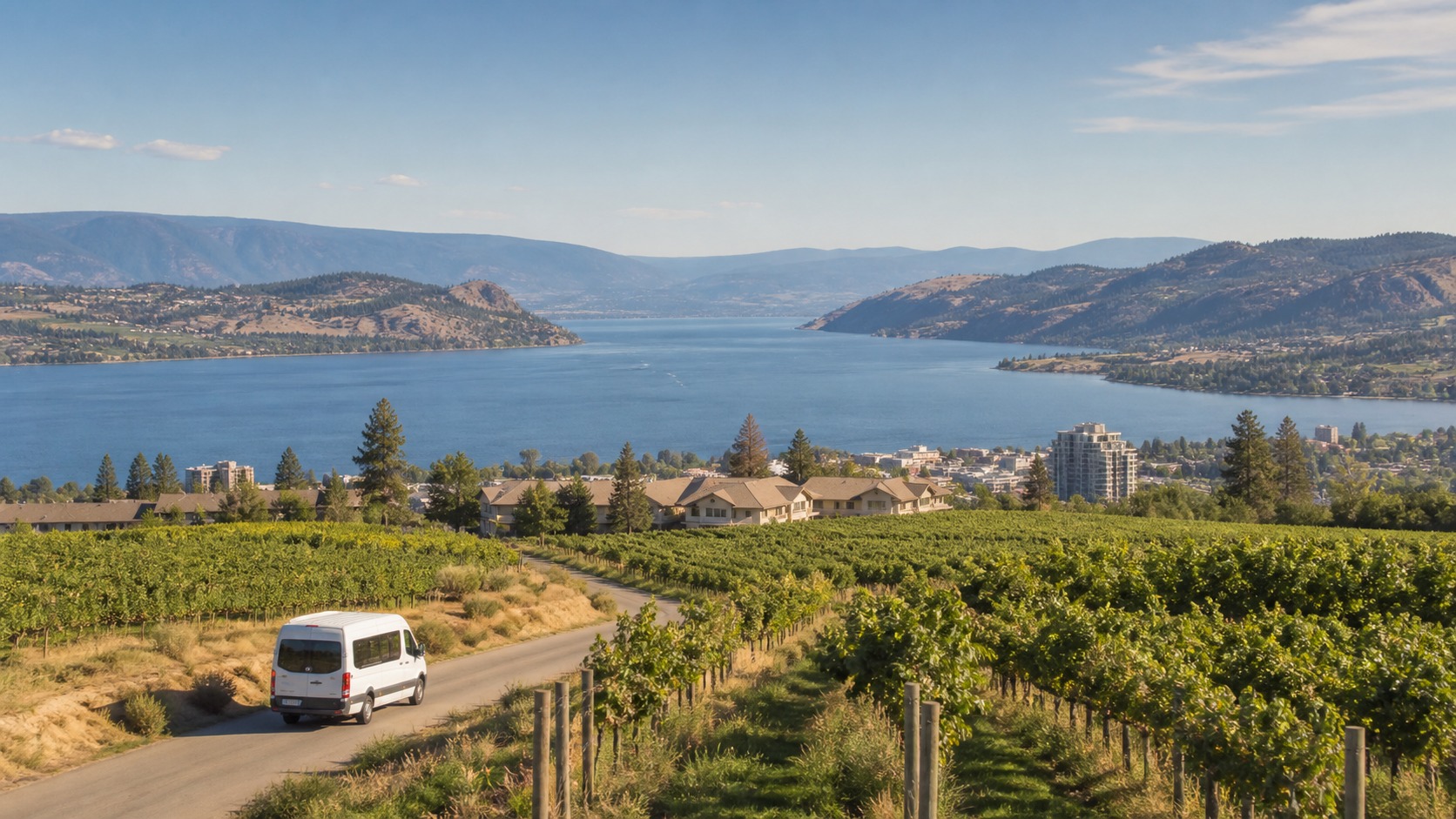 Tour van travelling from Kelowna accommodations toward Okanagan vineyards beside the lake
