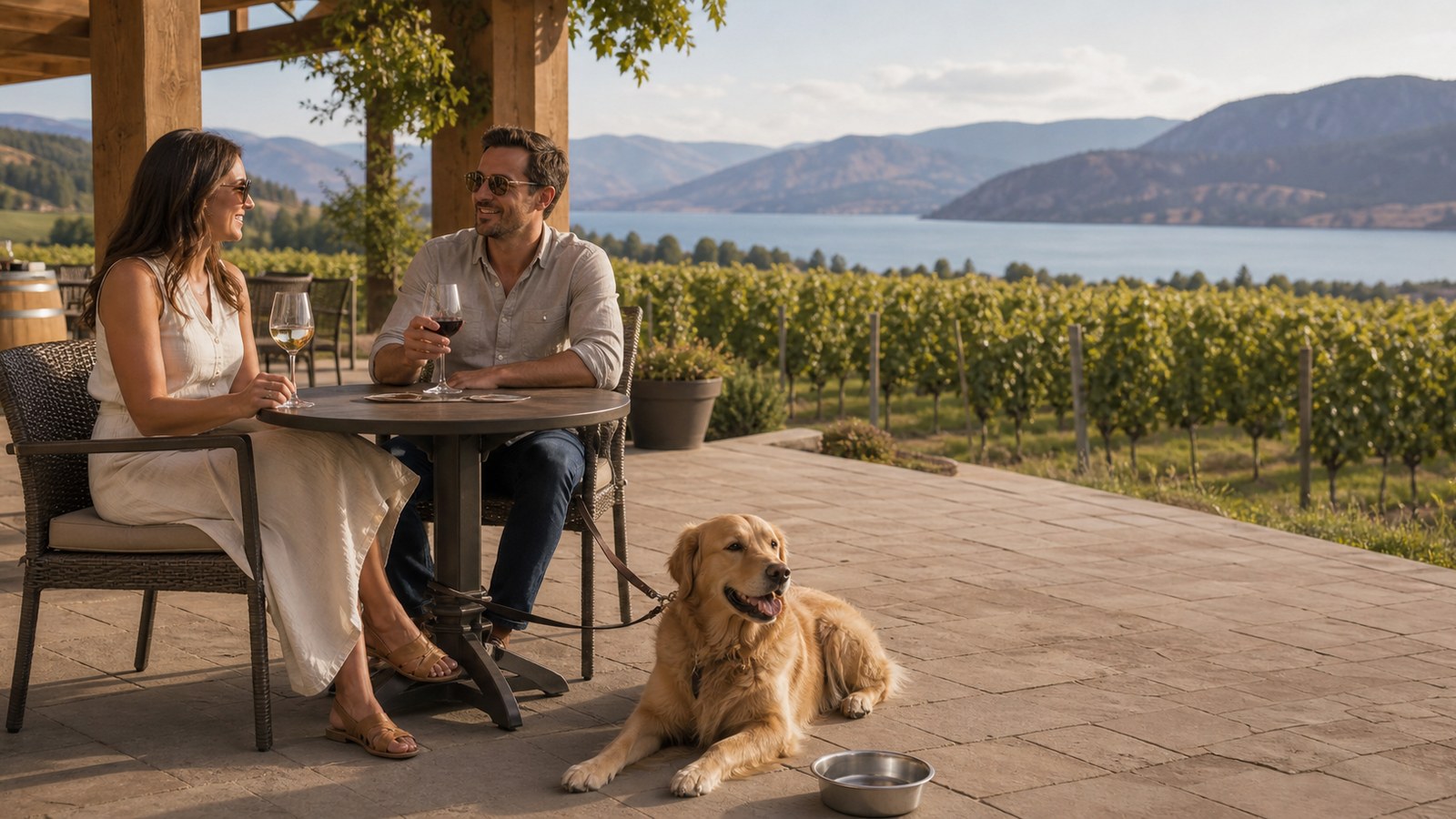 A couple enjoying an Okanagan winery patio with their leashed dog and a fresh water bowl